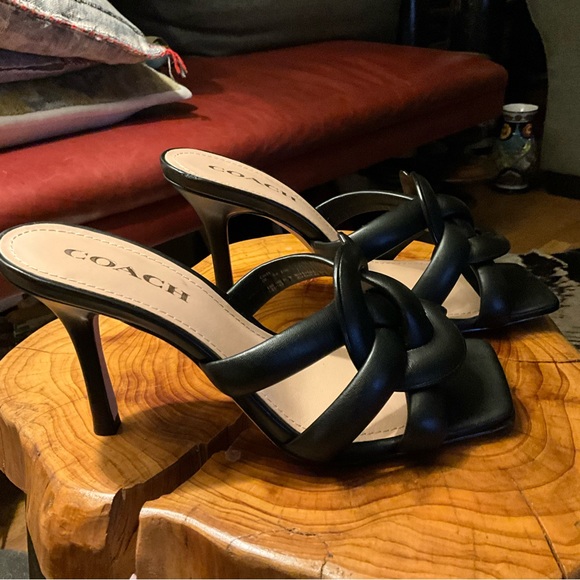 Coach Kellie black stiletto slip on square toe sandals with woven C 8.5 $190 - Picture 6 of 12